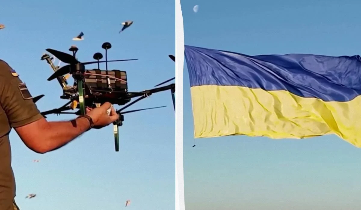 Синьо-жовтий прапор 12 на 6 метрів, розгорнутий дроном над Чорним морем 23 серпня